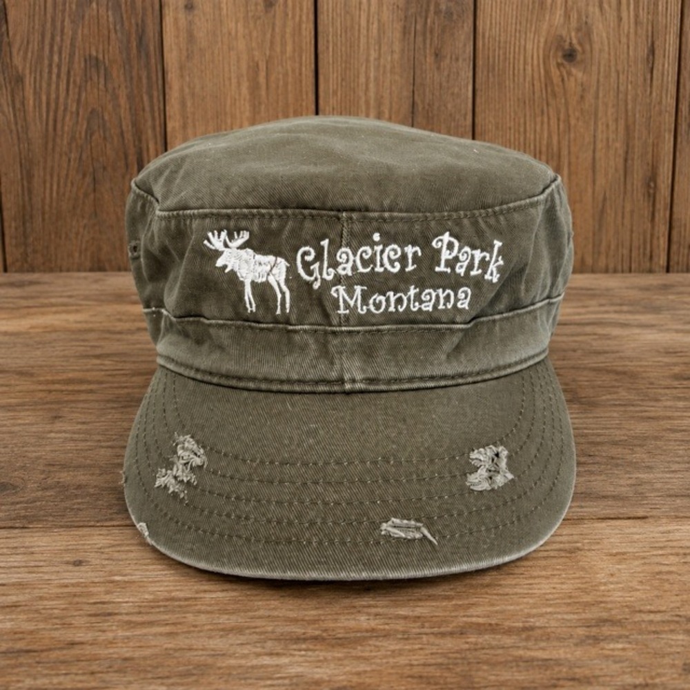 Glacier  Park Montana Moose Olive Distressed Cotton Cadet Painter Cap OS